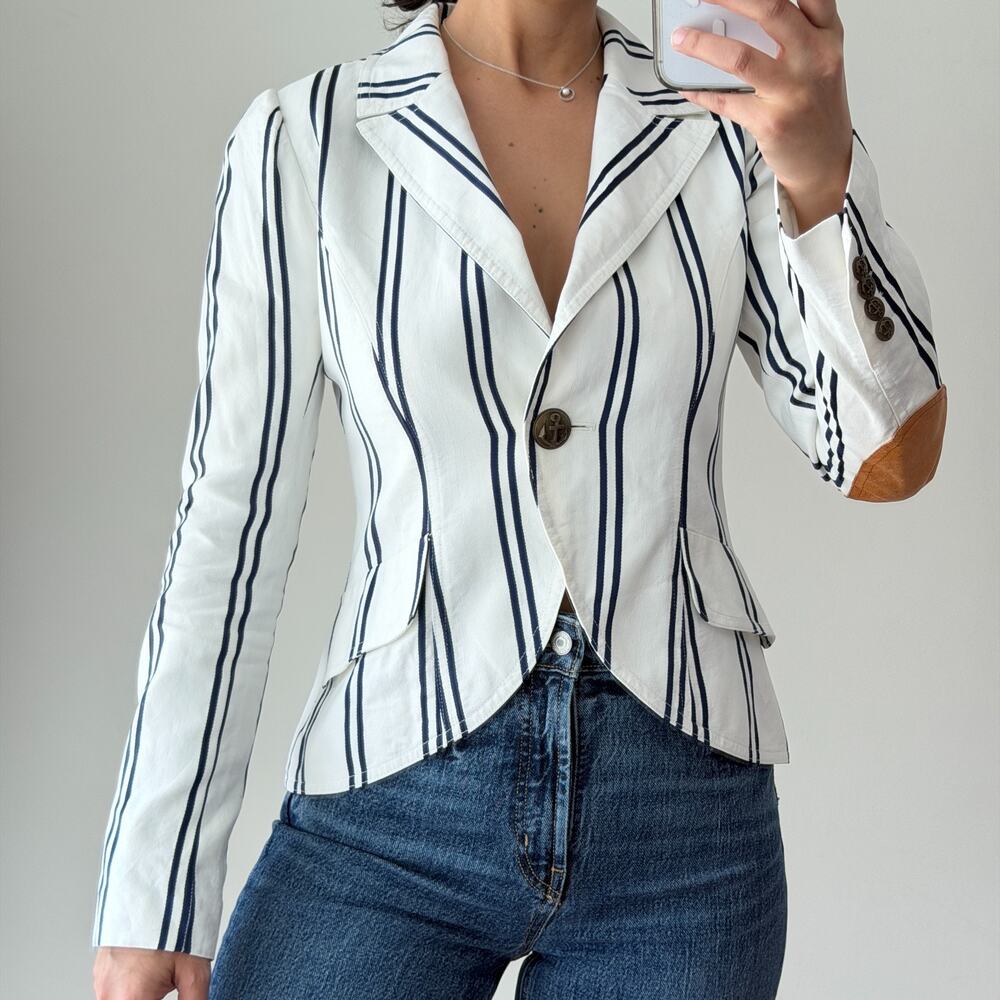 Smythe Blazer Womens Small White One Button Striped Leather Elbow Patch Nautical